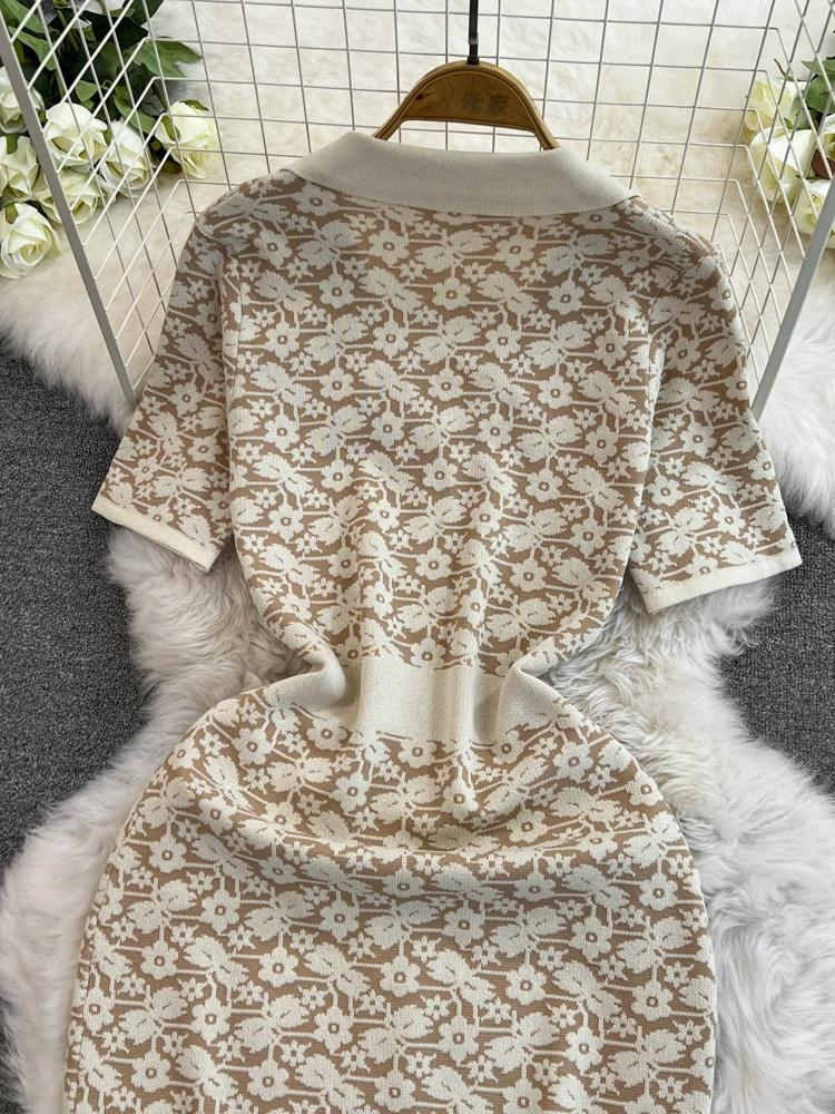 Summer Women Brand Designer Vintage Jacquard Flower Knitted Sweater Sheath Dresses With Pocket