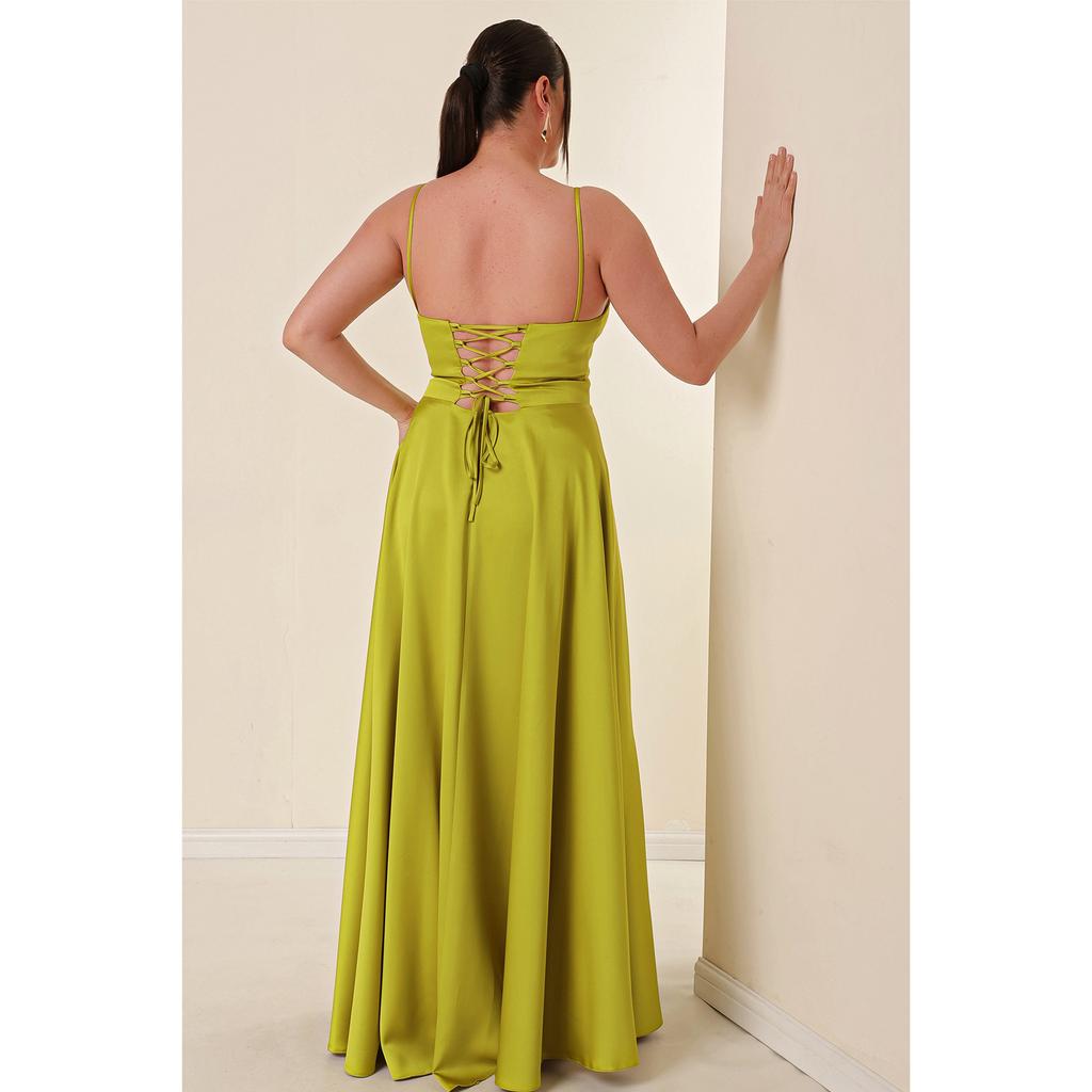 İp Askılı Astarlı Önden Yırtmaçlı Büyük Beden Uzun Saten Elbise