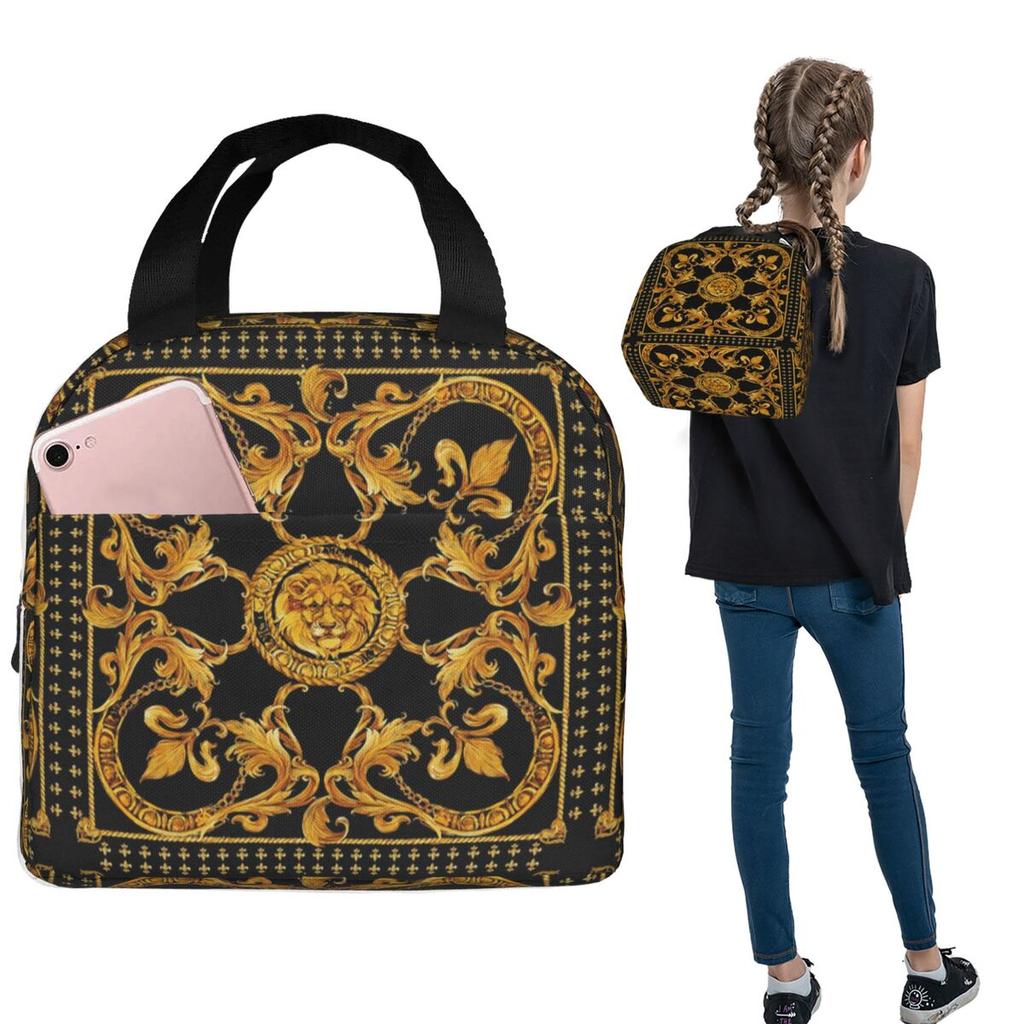 Golden Lion Baroque Pattern Insulated Lunch Bag for Women Kids Portable Food Boxes Thermal Lunch Box Tote