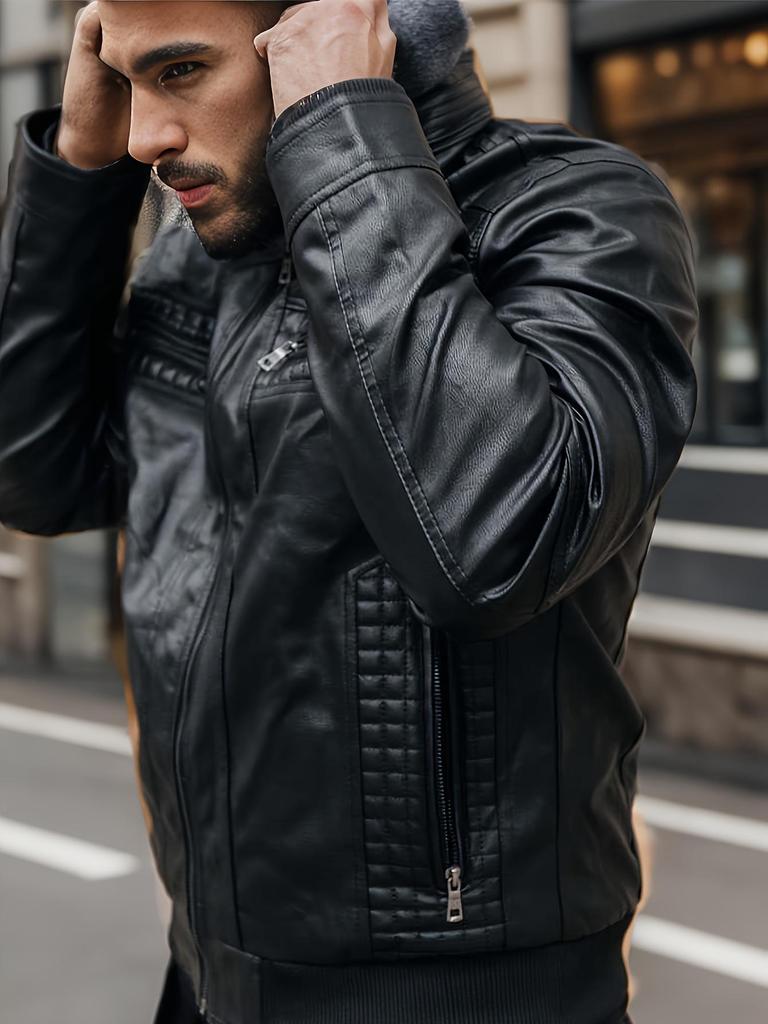 Men's Winter Plus Size PU Leather Jacket with Detachable Hood - Fleece-Lined Motorcycle Coat, European & American Style