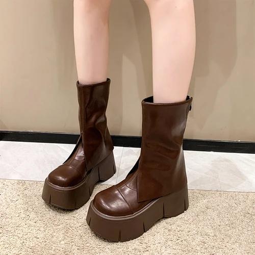 

мода осень мотоцикл женские ботильоны уличные готические платформы рок массивные каблуки панк дизайнерская обувь рыцарь короткие сапоги женщина зима 36 коричневый