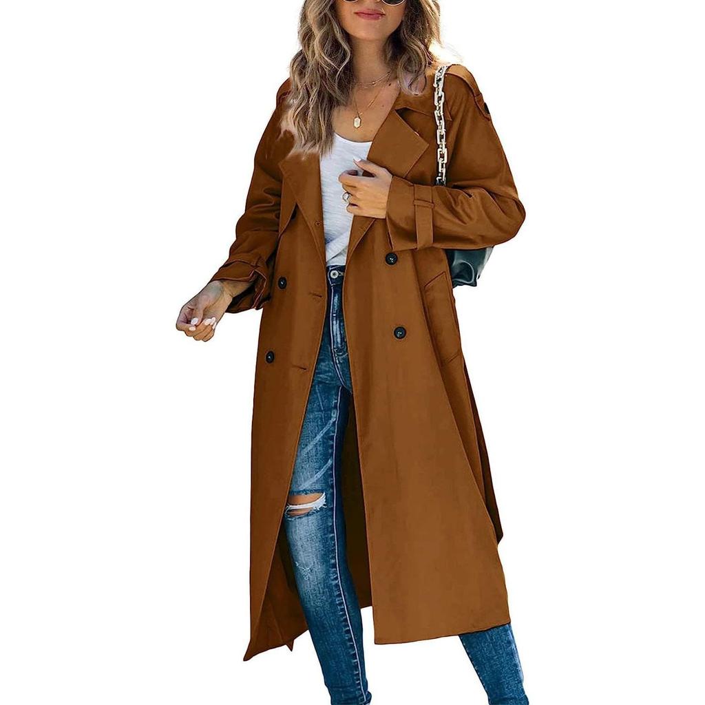 Women Vintage Long Trench Coat Classic Double-Breasted Lapel Long Sleeve Windproof Overcoat with Belt Elegant Jackets Streetwear