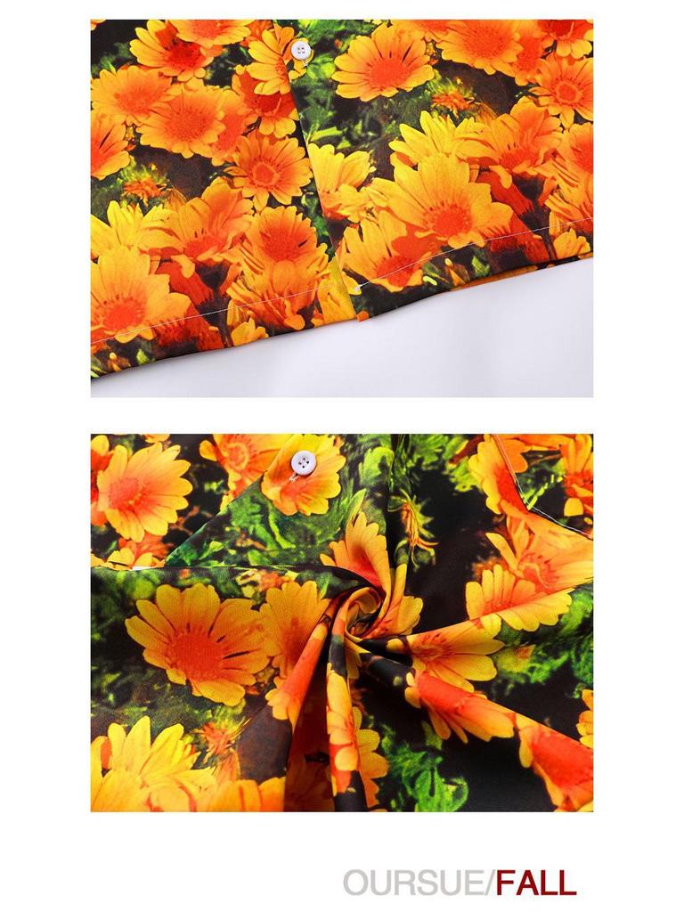 Retro Dark Green & Orange Chrysanthemum Cuban Collar Shirt