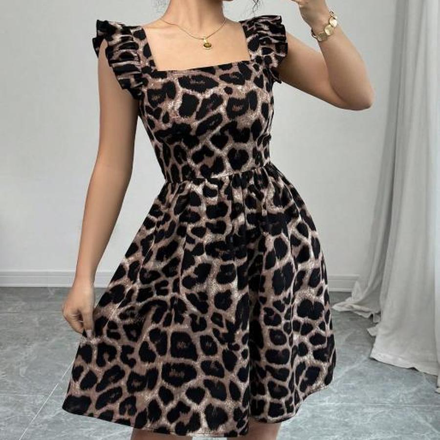 

Summer Leopard Print Tie-Up Backless Ruffled Hem Dress S темный орхидеи