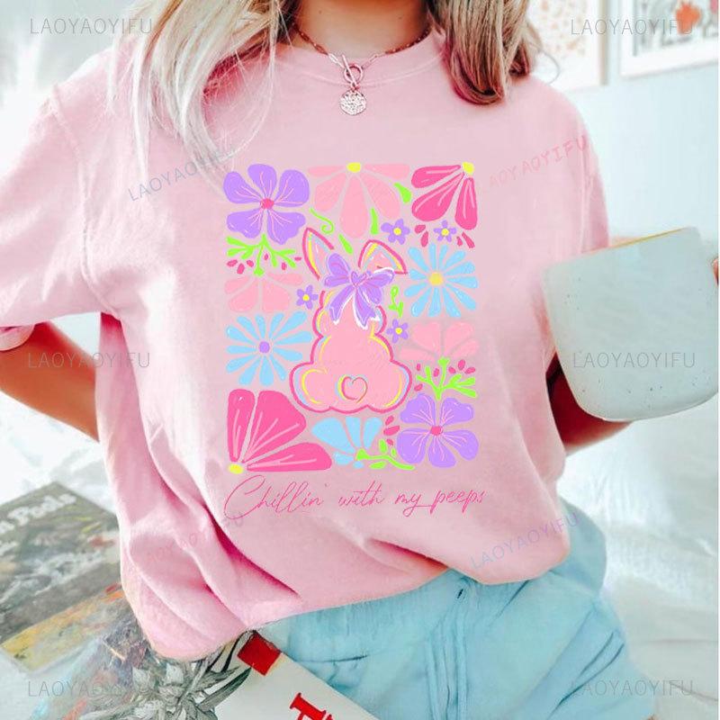 Brushstroke Bunny Easter T Shirt Kawaii Women Short-sleev Tee-shirt Retro Style Streetwear Fashion Casual Cotton Tops Ropa Mujer