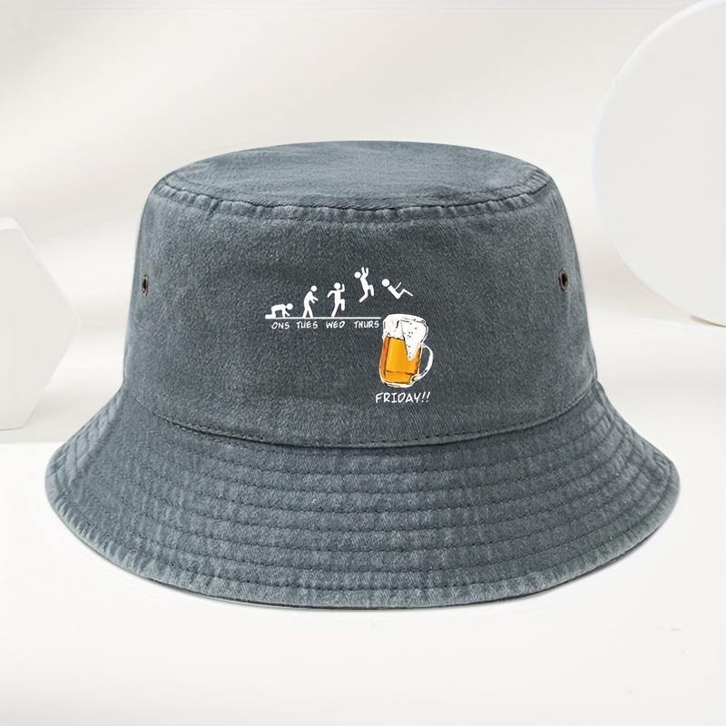 Fun Beer Cup Printed Outdoor Men's Washed and Used Fisherman Hat Basin Hat, Seasonal Universal Outdoor Travel Sun Hat