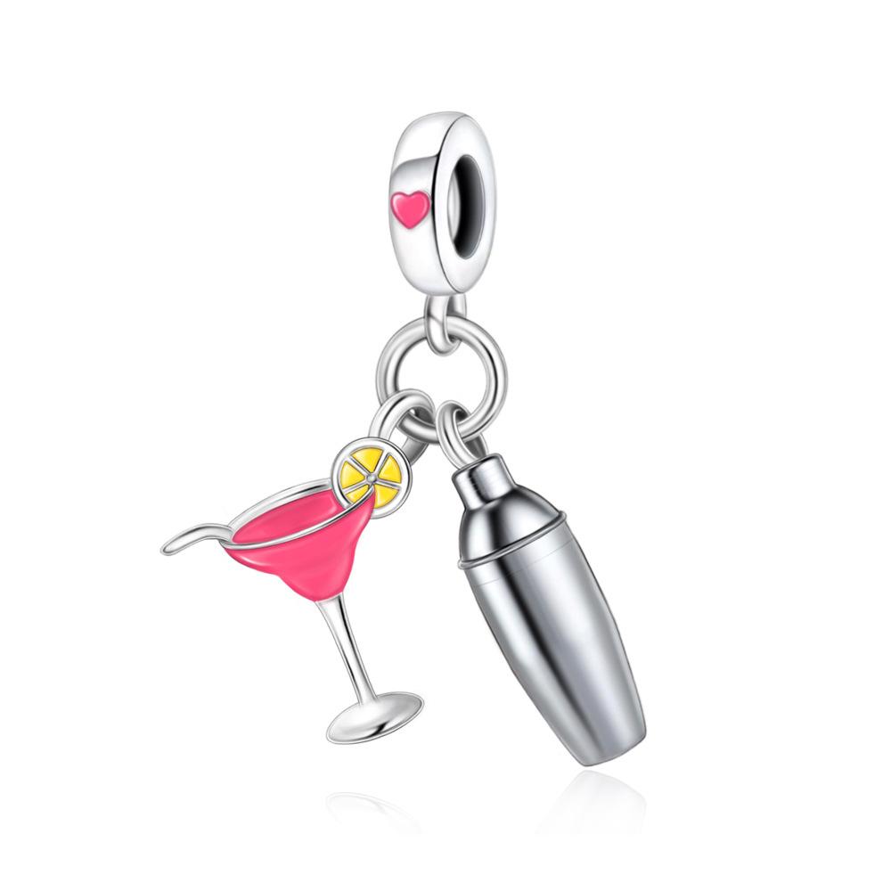 

S925 Silver Pink Resin Cocktail Bottle And Shaker Pendant Bead Bracelet Necklace DIY Craft Accessories