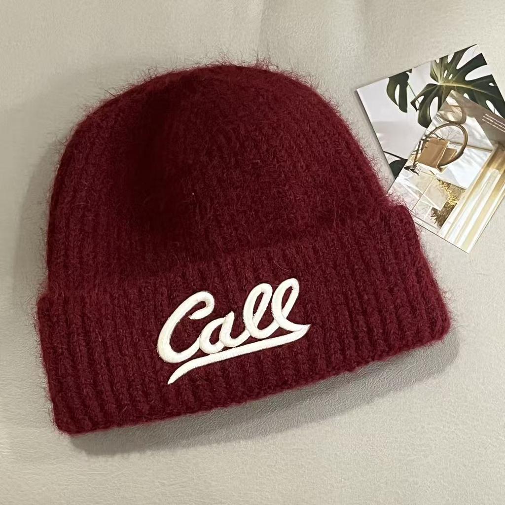 Autumn and winter new fashion letter embroidery knitted hat Korean version versatile solid color big head circumference shows the face small warm