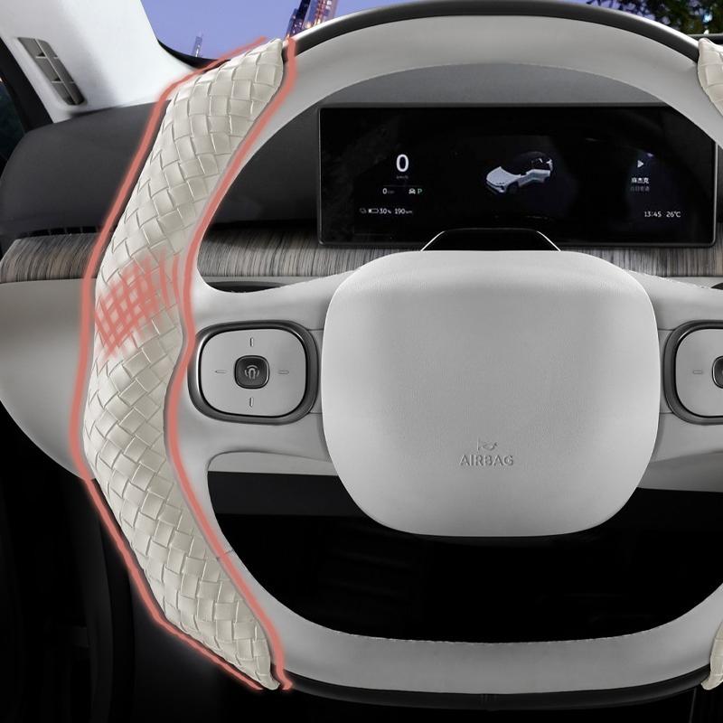 A Pair of Snap-on Hand-Knitted Faux Leather Universal Steering Wheel Covers  Easy and Quick Installation -Shape, Universal Fit