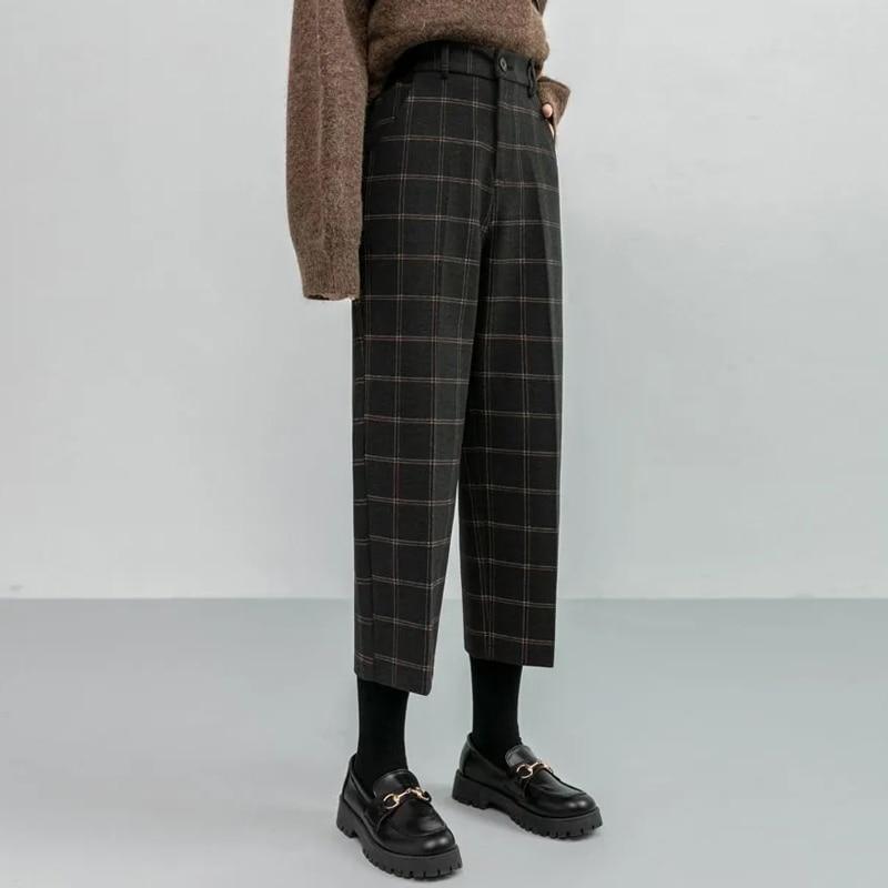 Winter Women Plaid Plus Size Woolen Straight Trousers Female High Waist Loose England Style Ankle-length Pants