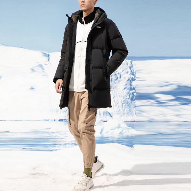 Anta Letter Mid-Length Hooded Down Jacket Men Outerwear Black 952148910-2