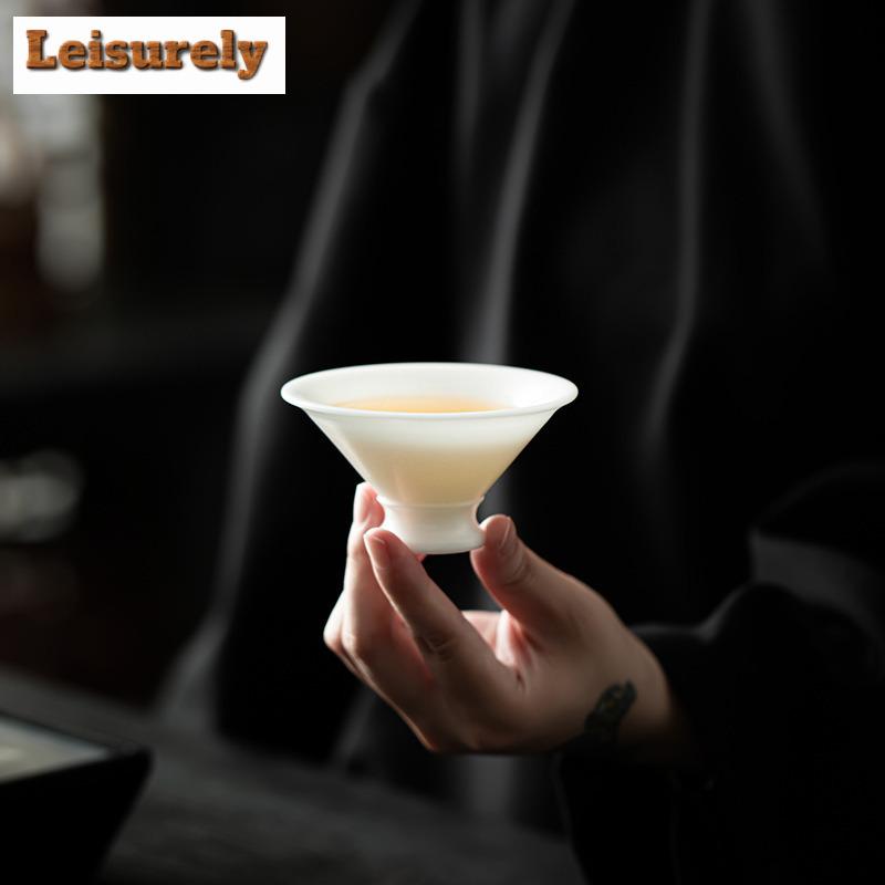 Chinese White Jade Mud Ceramic Teacup White Porcelain Bamboo Hat Tea Bowl Personal Jade Clay Cone Master Cup Kung Fu Teaset Gift