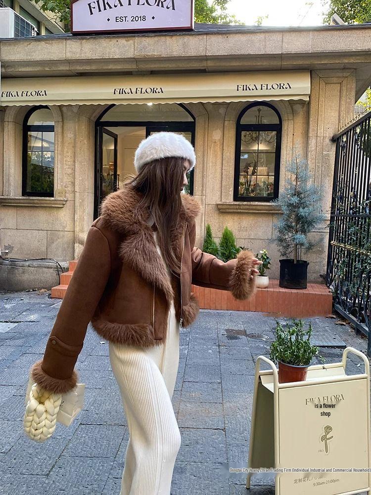 Women's 2025 Spring Shearling Suede Short Motorcycle Jacket - Slimming Korean Style