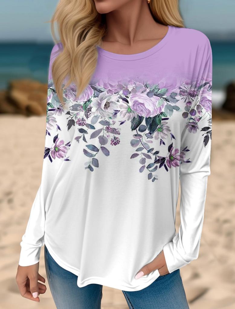 Damen T-Shirt mit 3D-Druck und Blumengrafik, Langarmshirts, Basic-Design, modischer Rundhalsausschnitt, normale Passform, Y2K-Sweatshirt für Mädchen