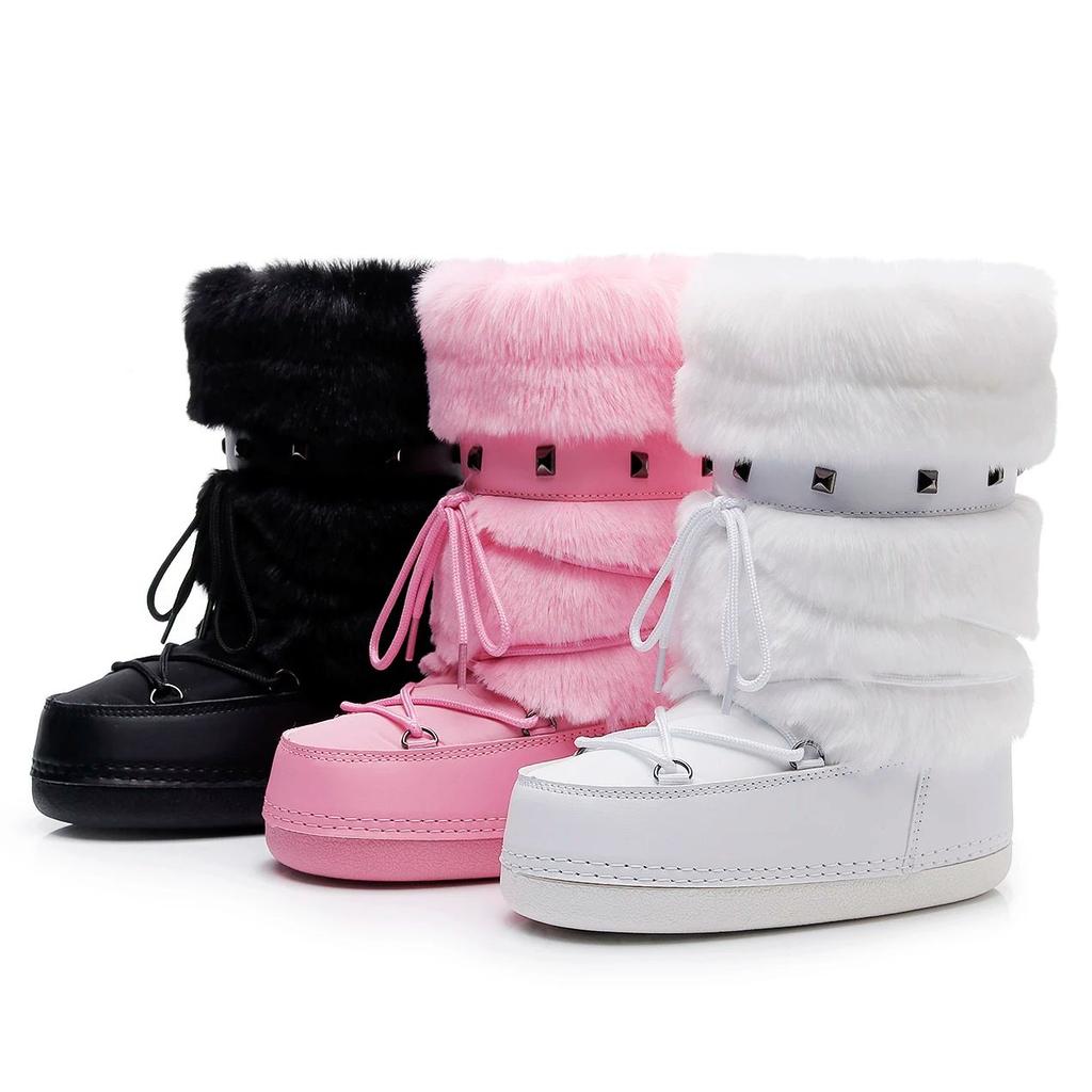 Women'S Warm Furry Winter Boots Non-Slip Trendy Space Boots Design Skiing Snow Shoes For Ladies Girls