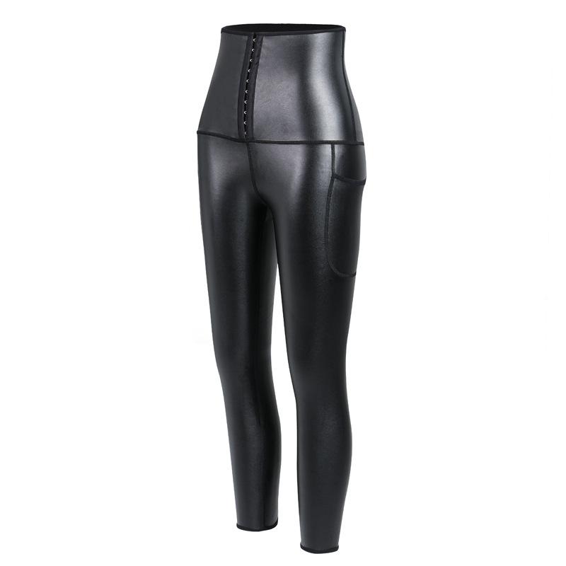 Hohe Taille Mit Knöpfen Bauchkontrolle Po-Lifting Nahtlose Formende Leder Yoga Hose