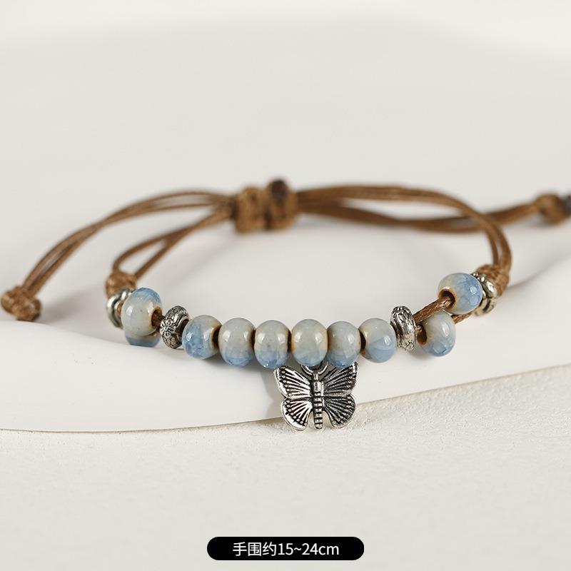 Retro ceramic flower woven bracelet niche literary hand rope small fresh bell bracelet female