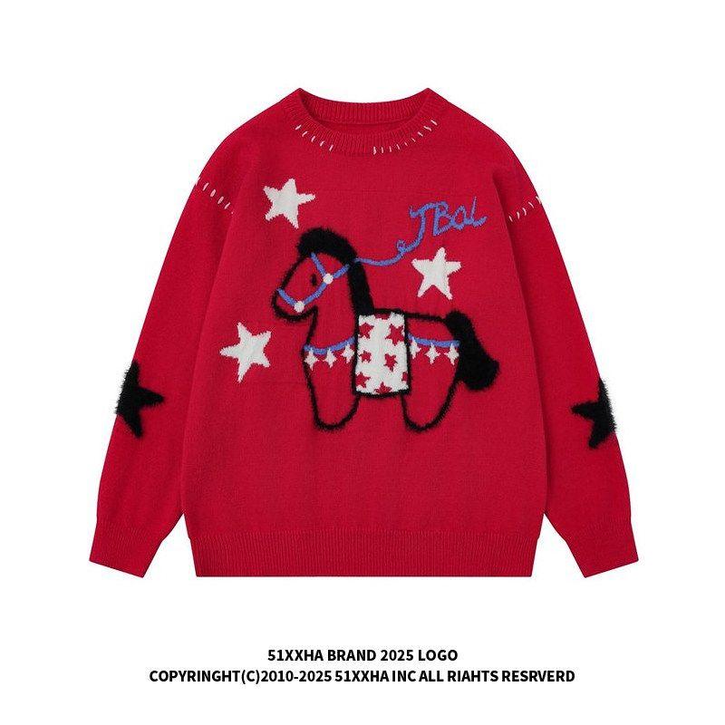 51 Hip-Hop Year of the Horse Zodiac Year Red Sweater Men's Trendy High-End Winter Star Couple New Year Round Neck Knitwear