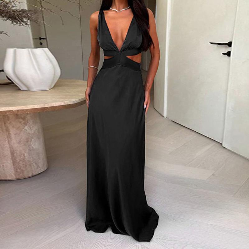 Europäisches und amerikanisches sexy Temperament Hängender Nackenriemen Slim Fit Einfarbiges Kleid für Damen