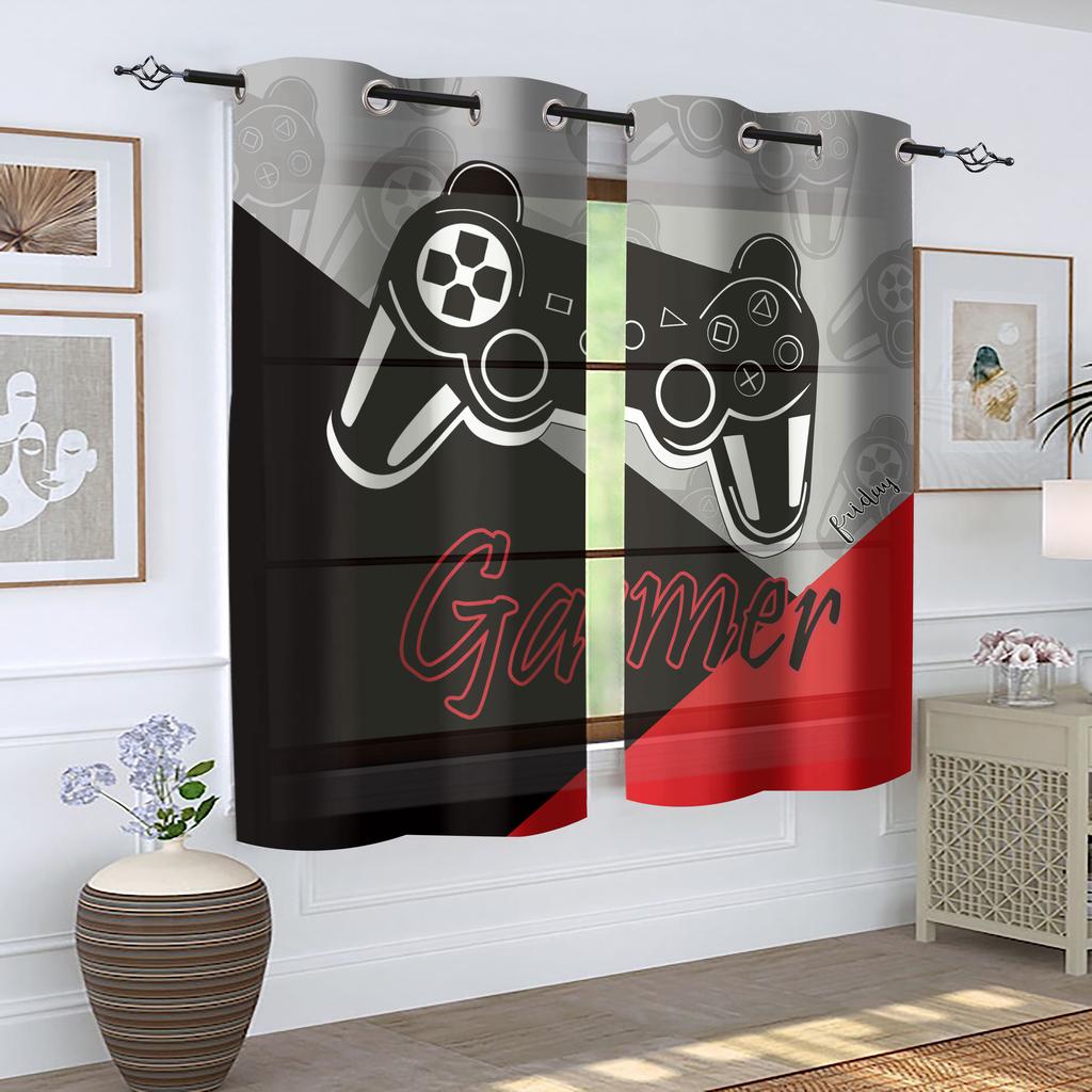2 Pieces, Game Controller Curtains - Grommet Treatment - Living Room, Bedroom, Home Decoration - Black, Red, and Gray