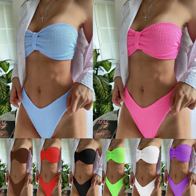 Damen Sexy Bandeau Wellenstoff Zweiteiliger Bikini Badeanzug