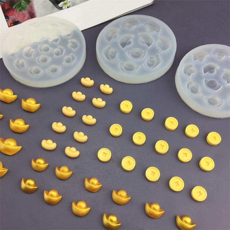 Simulation Yuanbao Kupfermünze Serie Silikonform Kuchen Schokolade Brot Gebäck Kekse Süßigkeiten Gummibärchen Gelee Kerze Backwerkzeuge