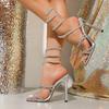 Luxury Fashion Style Crystal Diamond Ankle Strap Women Sandals Sexy Open Toe Thin High Heels Nightclub Banquet Party Shoes