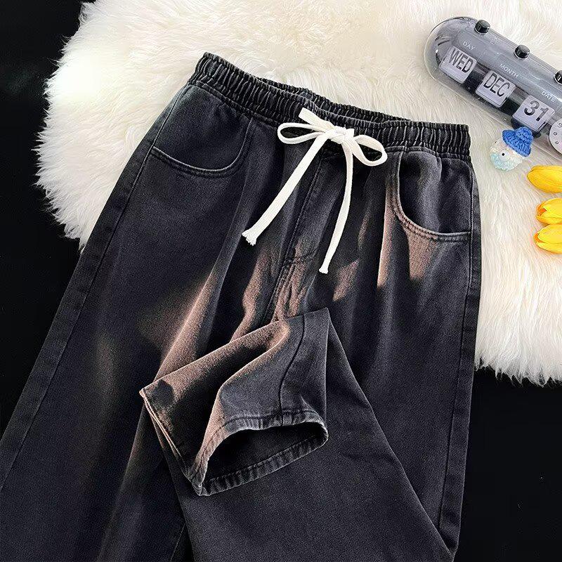 Pantaloni in Denim Elasticizzati a Vita Alta Taglie Forti Donna Primavera Estate - Dimagranti Dritti Larghi a Gamba Larga Lunghezza Pavimento