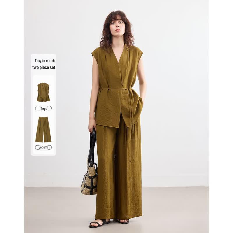 Demana Summer Minimalist V-Neck Sleeveless Top & Wide-Leg Pants Set S