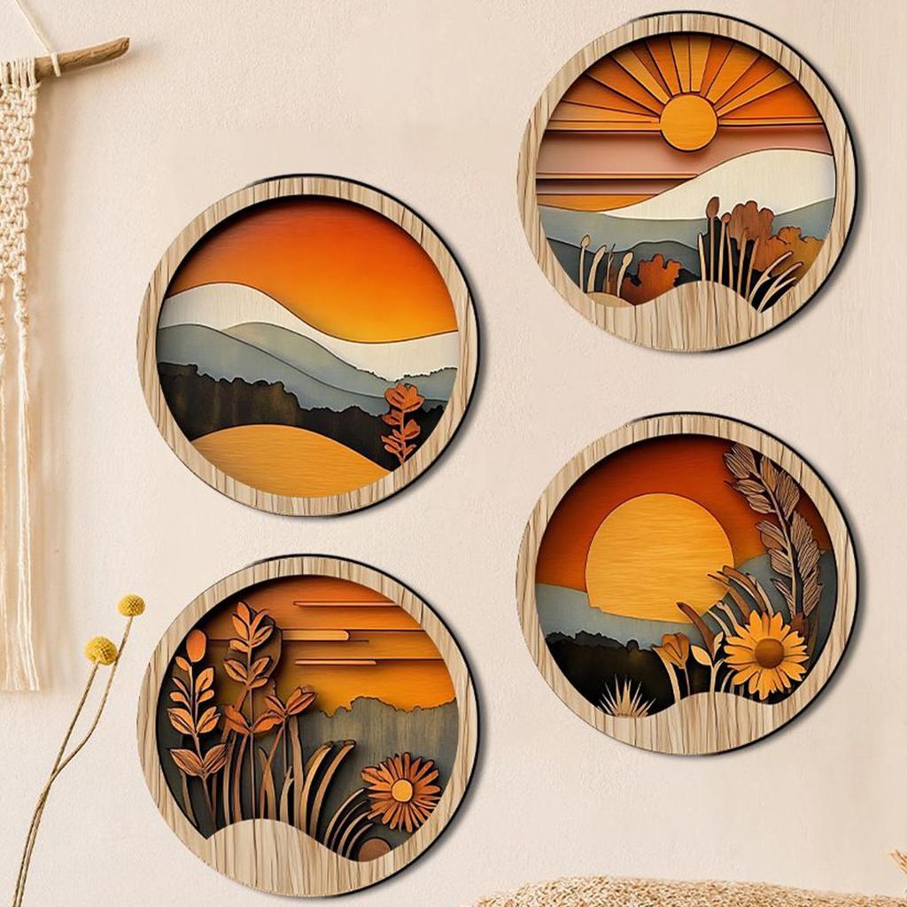 4pcs/set Bohemian Wooden Wall Decoration 7.87Inch Round Wooden Geometric Frames Aesthetic Ornament For Porch Fireplace Balcony