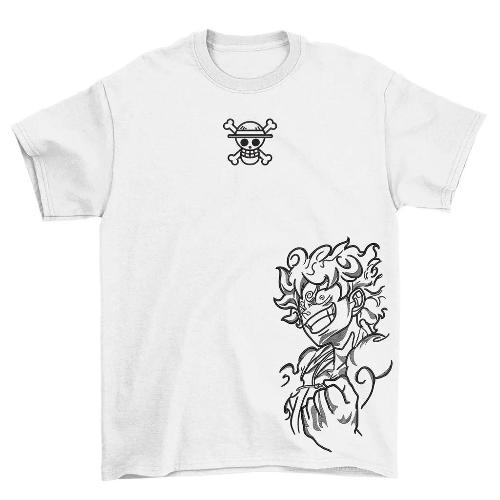 New Year Hot Sale One Piece Anime Tshirt with Luffy Zoro Skull Pirate Logo Gold Thread Art Print Round Neck Summer Fashion
