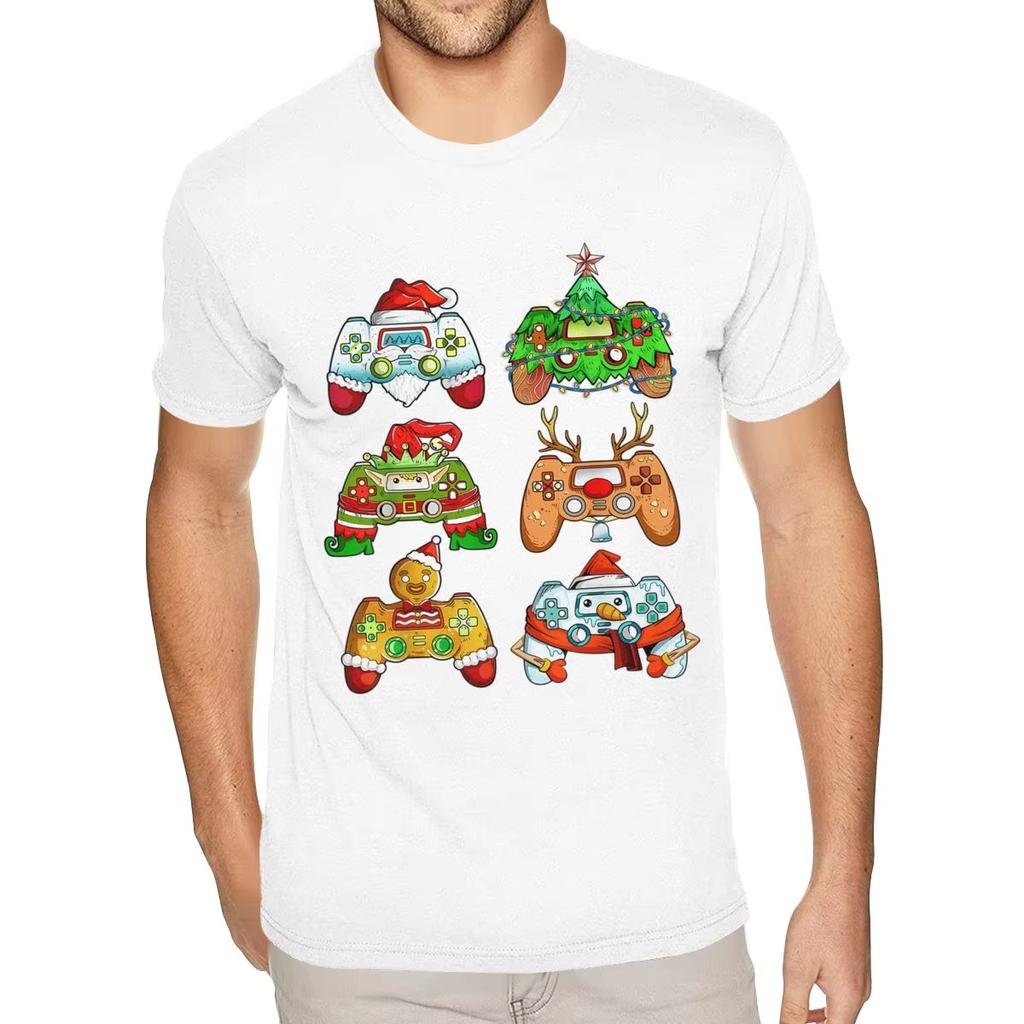 Graphic Santa Elf Christmas Gamer Controllers Tees Shirt for Men Short Sleeved Premium Cotton White Crew Neck Tees Shirts