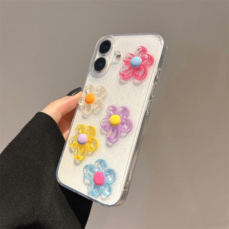 Cute Transparent 3D Colorful Flower Glitter Sparkle Effect Girly Phone Case for iPhone17 Air 16 15 14 Plus 13 12 11 Pro Max Back Cover