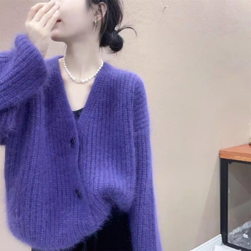 Lazy Wind Thickened Long-sleeved Cardigan Women's Autumn New Casual V-neck Soft Waxy Knitted Sweater Jacket