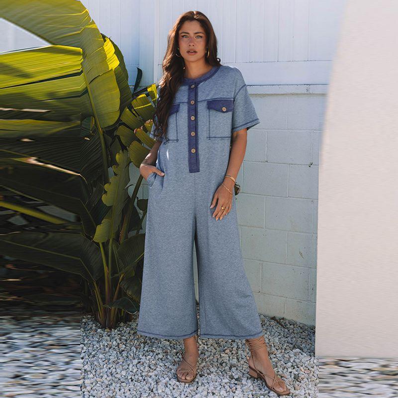 

Fashion Plaid Loose Pocket Wide Leg One-Piece Pants Women s 2025 Summer New Arrival Color Matching Short Sleeve Jumpsuit Women Blue Size XL fit (70.00 kg-75.00 kg