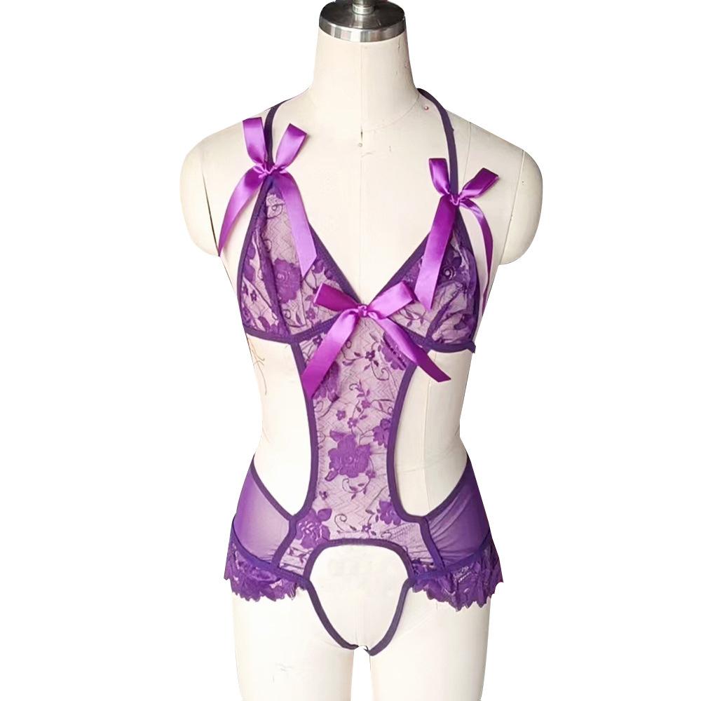 Sex underwear pure desire purple lace onesie sexy open crotch free temptation sex uniform