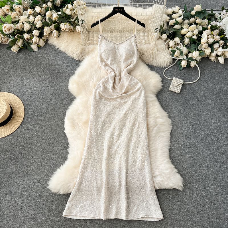 

Daily Style Exquisite Rhinestone Silm Suspender Dress Apricot M