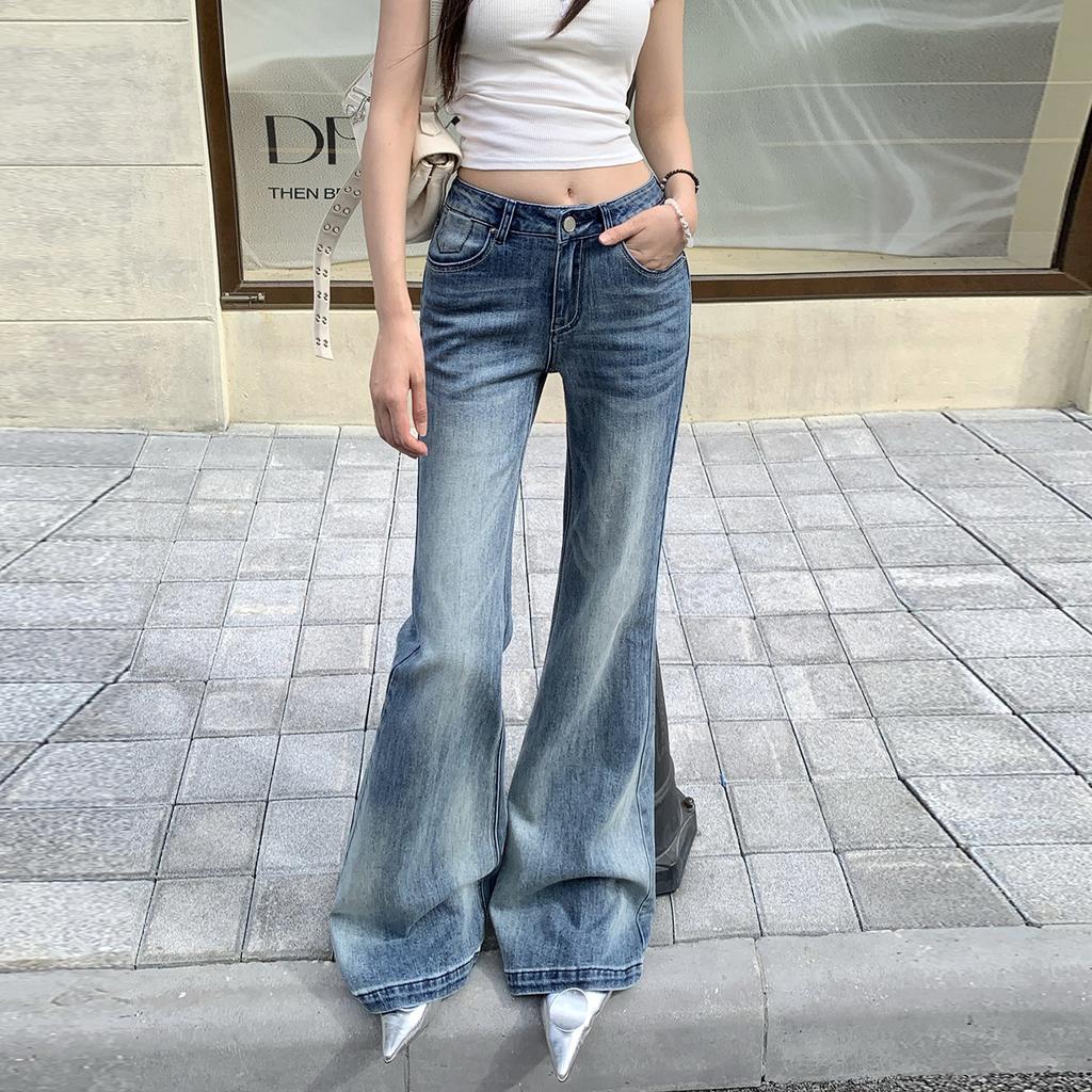 Low waist does not stick to the legs, slightly pulled jeans, women's summer new loose wide legs and thin versatile horn pants