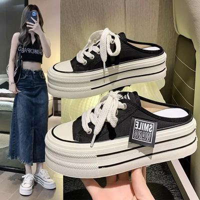 Baotou Half Slippers Women's Wear 2025 New Women's Lazy Heel-less Canvas Board Shoes Platform Casual Cool Slippers