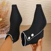 Fall New Single Boots Women's Pointed Toe Colorblock Side Zip Anti-Slip Wear-Resistant Block Heel Booties
