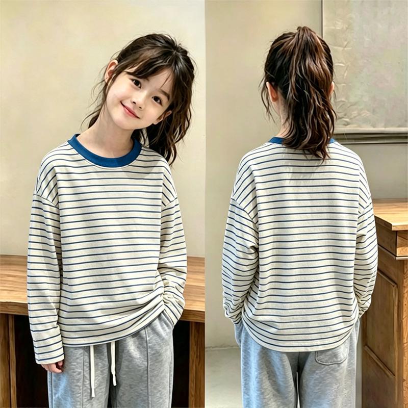 Striped Long-Sleeve Color Block T-Shirt for Girls - Casual Spring/Autumn Round Neck Base Layer Top