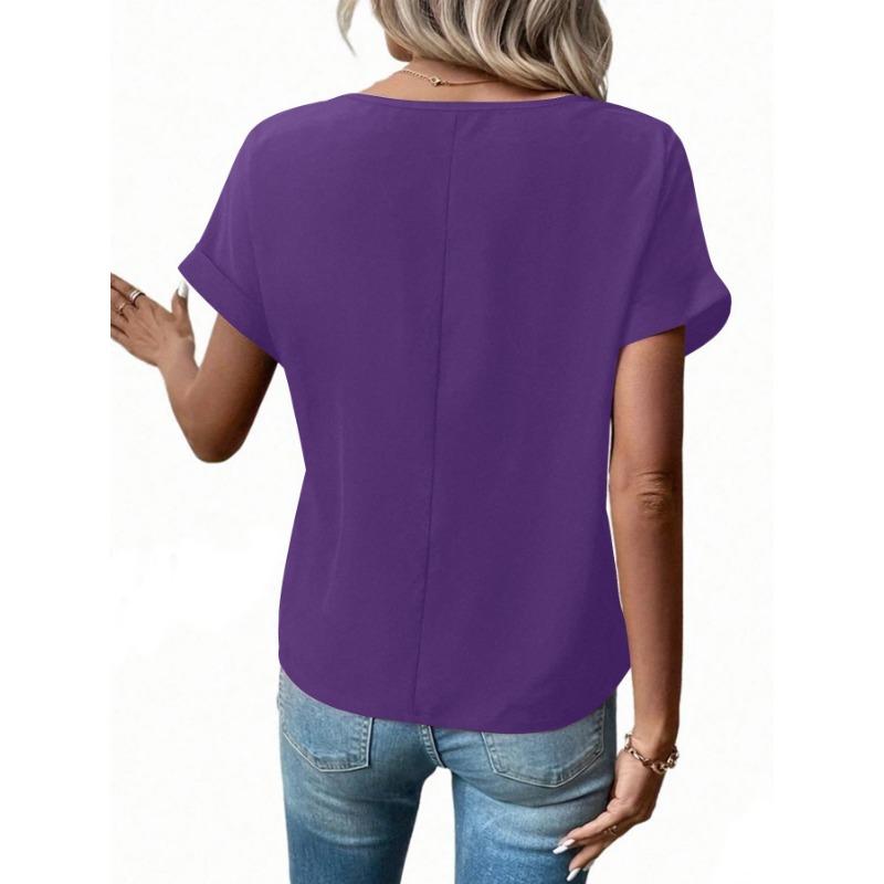 Women Summer Half Zip Pocket Detail Rolled Short Sleeve Multi Color Casual Loose Fit Blouse