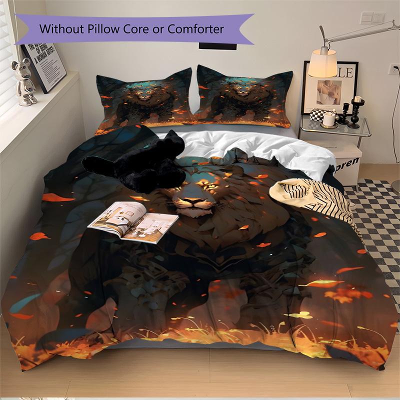 3pcs Lion Fantasy Artwork Bedding Set - 1 Duvet Cover + 2 Pillowcases(Core Not Included), Machine Washable Polyester, All-Season Comfort, Be