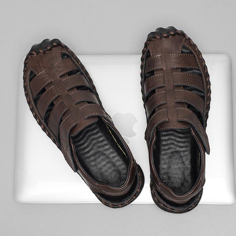 Summer Men's Leather Shoes Male Sandals Handmade Hollow Flats Quick Dry Wading Shoes