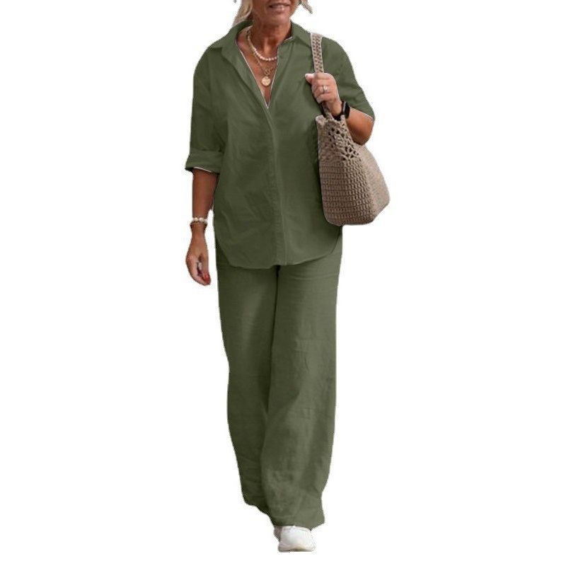 Lapel Long sleeve Shirts Spring and Autumn Leisure Solid Color Pants Wide Leg Suit Casual Top and Pants Set