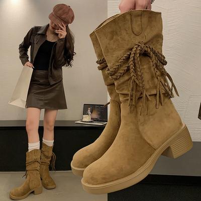 Botas de mujer nuevas de primavera y otoño retro con flecos botas de caballero Maillard botas medianas de suela gruesa y tacón grueso botas western para mujer