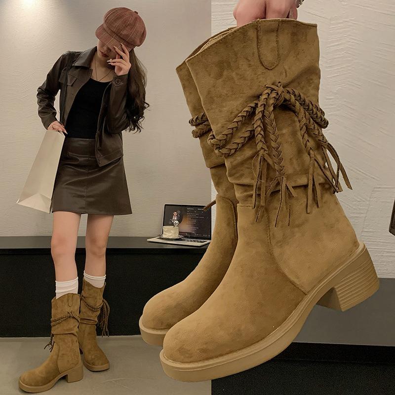 Boots women's new spring and autumn retro fringed knight boots Maillard medium boots thick-soled thick-heeled western boots women