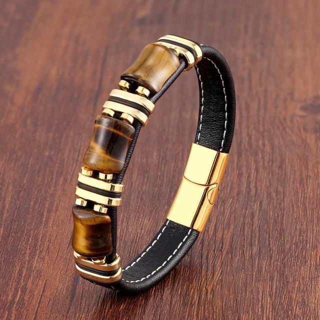 Natural Stone ,Tiger Eye Bracelet ,Black Leather Rope Chain ,Men Bracelet ,Stainless Steel Bracelet ,Women Fashion Jewelry ,Wholesale
