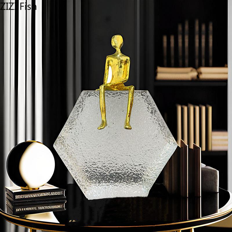 Golden Figures Statue Hexagonal Transparent Base Ornaments Desk Decoration Modern Character Sculpture Room Aesthetics Decor