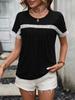 Women Short Sleeve Round Neck Lace Spliced Casual T Shirt